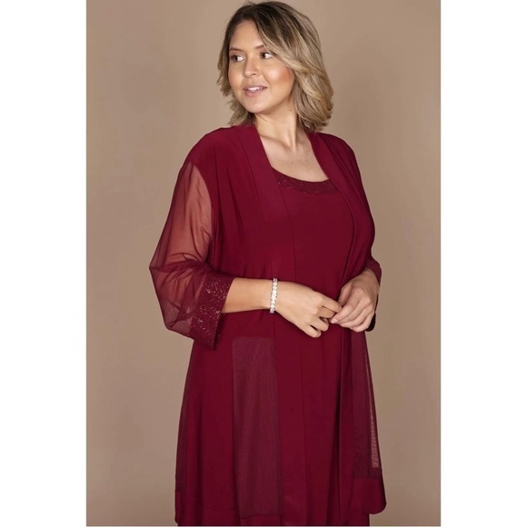 R&M Richards Sz S Red Slinky Glitter Swing Jacket and Shift Dress Formal Set - Picture 12 of 15